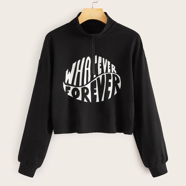 

Half Zip Letter Graphic Sweatshirt, Black