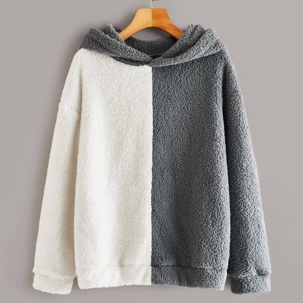 

Two Tone Drop Shoulder Teddy Hoodie, Multicolor