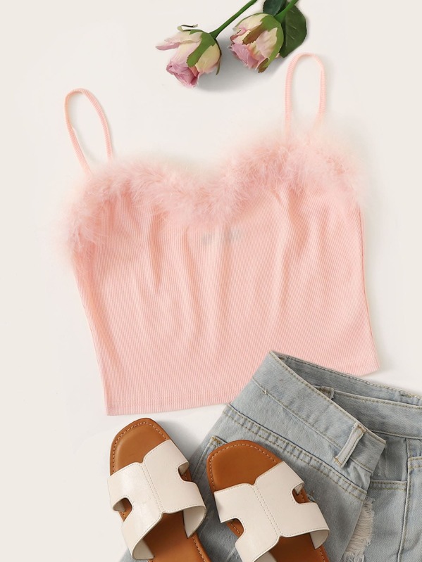 

Faux Fur Detail Rib-knit Cami Top, Pink, Lef