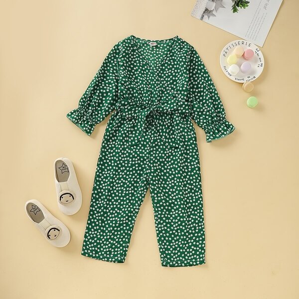 

Toddler Girls Daisy Floral Surplice V-neck Belted Jumpsuit, Green