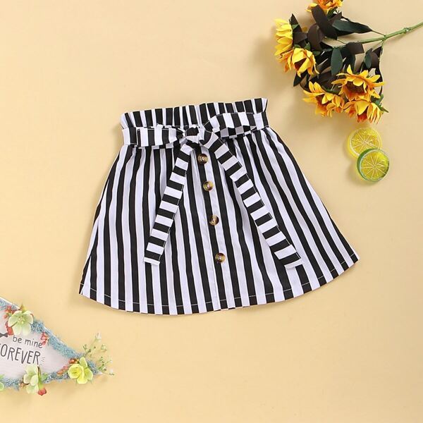 

Toddler Girls Striped Button Front Paperbag Skirt, Black and white