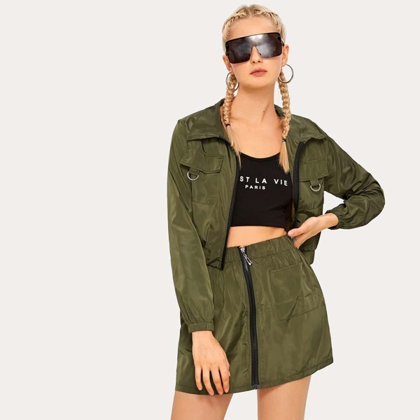 

Solid Zip-up Windbreaker Jacket & Skirt