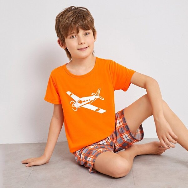 

Boys Airplane Print Plaid Pajama Set, Multicolor