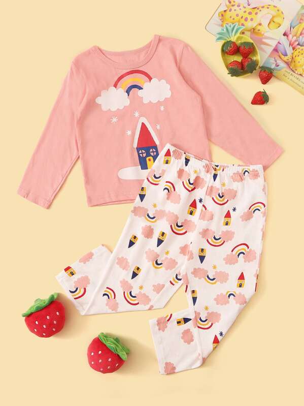Toddler Girls Rainbow Print Pajama Set, Multicolor
