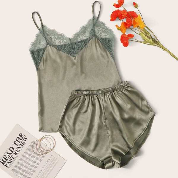 

Contrast Lace Satin Cami PJ Set
