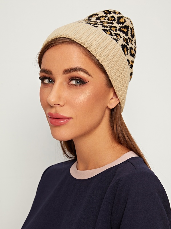 

Leopard Pattern Cuffed Beanie, Multicolor