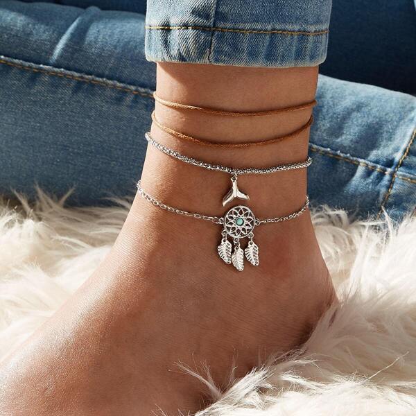 

Dreamcatcher & Fishtail Charm Chain Anklet 3pcs, Silver