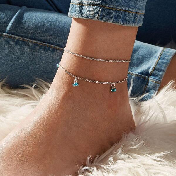 

Rhinestone Decor Charm Chain Anklet 2pcs, Silver