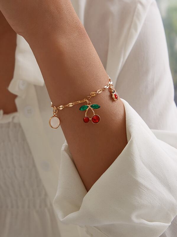 

New Year Cherry & Ladybug Decor Chain Bracelet 1pc, Multicolor
