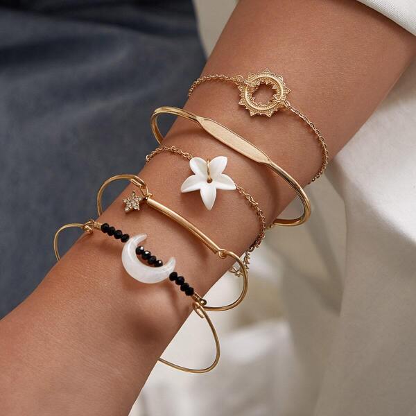 

Flower & Moon Decor Bracelet 5pcs
