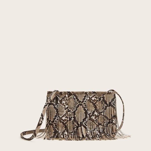 

Fringe Decor Snakeskin Print Crossbody Bag, Brown