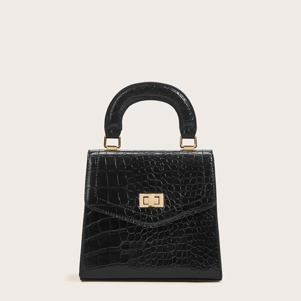 

Twist Lock Croc Embossed Satchel Bag, Black