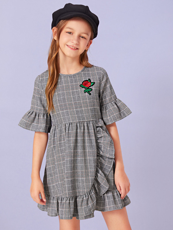 

Girls Embroidered Ruffle Trim Plaid Dress, Grey, Sashab