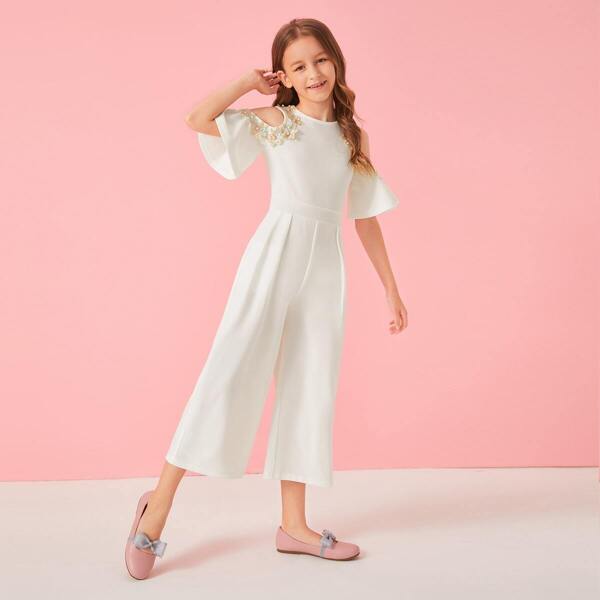 

Girls Cold Shoulder Appliques Detail Wide Leg Jumpsuit