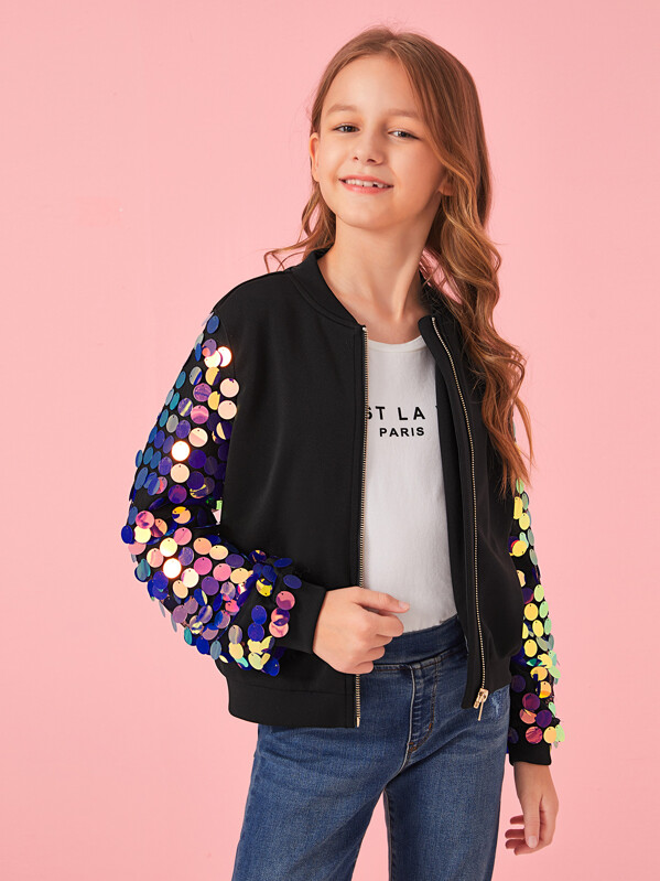 

Girls Zip Up Sequin Sleeve Bomber Jacket, Black, Sashab