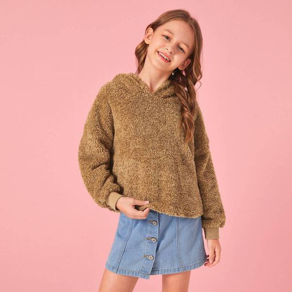 

Girls Drop Shoulder Teddy Hoodie, Camel