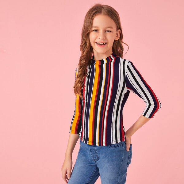 

Girls Mock-Neck Colorful Striped Top, Multicolor