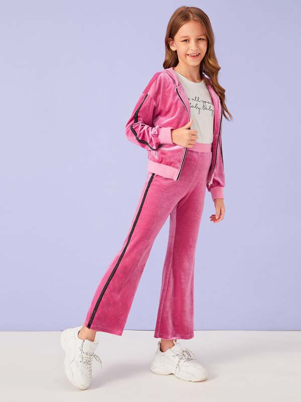 

Girls Neon Pink Contrast Tape Velvet Jacket & Flare Leg Pants Set, Sashab
