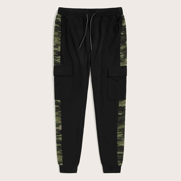 

Men Drawstring Waist Camo Side Seam Flap Pocket Joggers