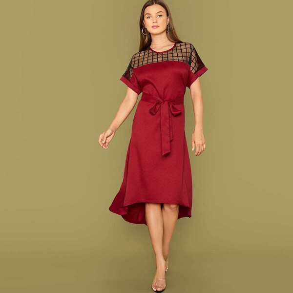 

Grid Mesh Yoke High Low Belted Dress