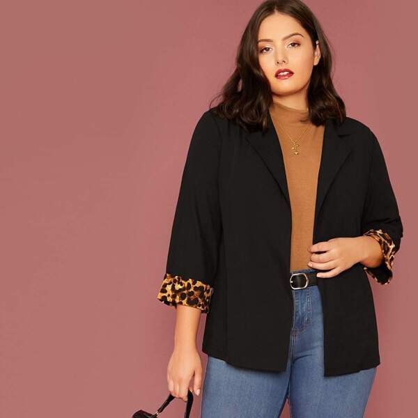 

Plus Notched Collar Leopard Cuff Blazer, Black