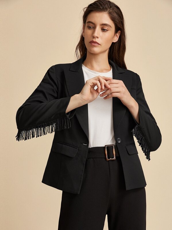 

Premium Notched Collar Fringe Trim Blazer, Black, Mila