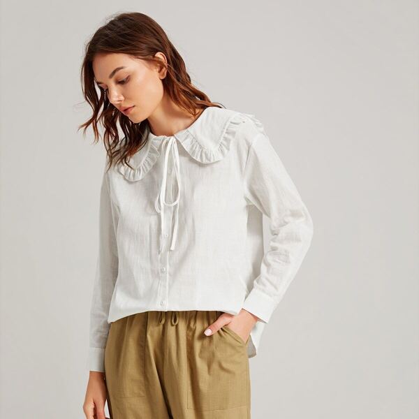 

Frill Trim Peter-pan-collar Curved Hem Shirt, White