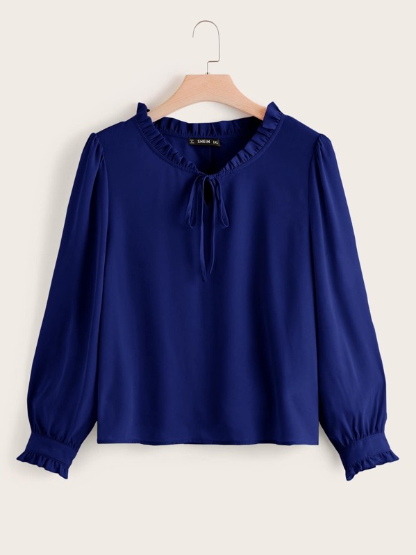 

Plus Tie Neck Frill Trim Solid Top, Blue