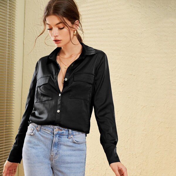 

Flap Pocket Satin Shirt, Black