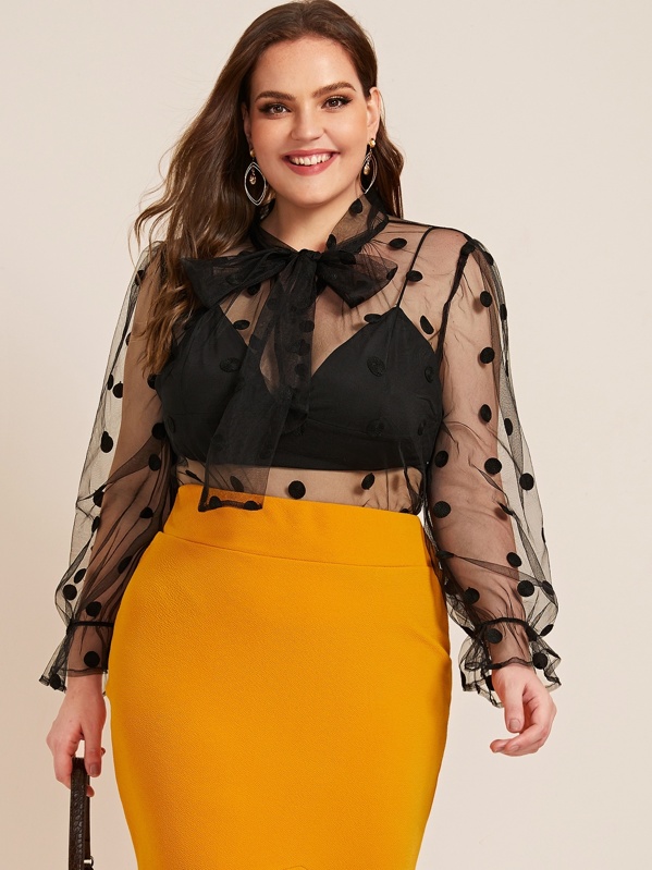 

Plus Tie Neck Sheer Dot Mesh Top Without Bra, Black, Ella