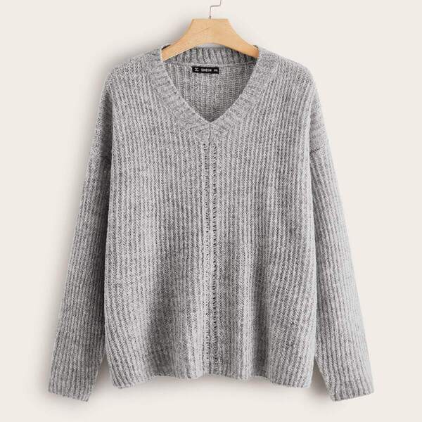 

Plus Solid Ribbed Knit Sweater, Grey