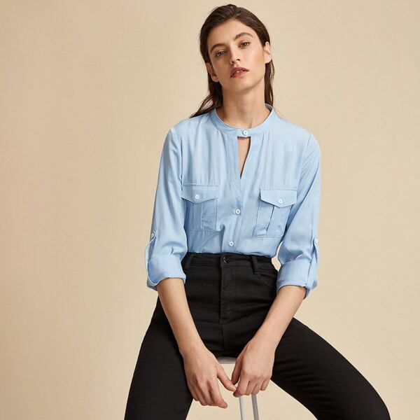 

Premium Roll Tab Sleeve Flap Pocket Blouse, Blue pastel