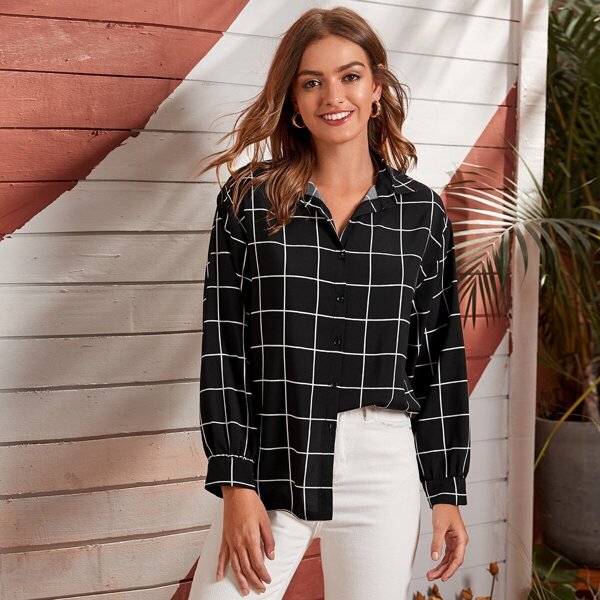 

Plaid Single Breasted Curved Hem Blouse, Black