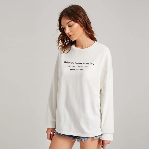 

Drop Shoulder Slogan Graphic Pullover, White