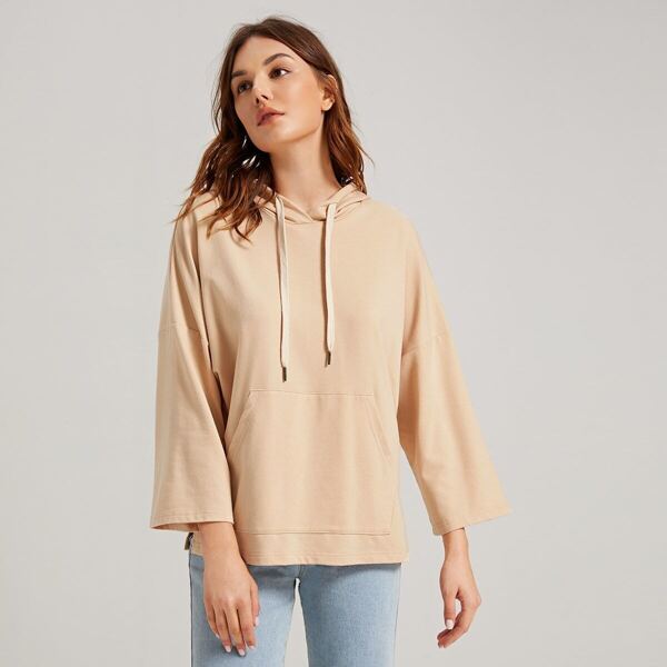

Drop Shoulder Patch Pocket Drawstring Hoodie, Khaki pastel
