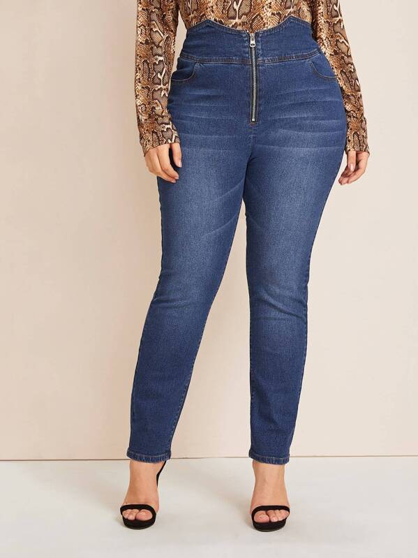 

Plus Notch High Waist Skinny Jeans, Blue, Carol