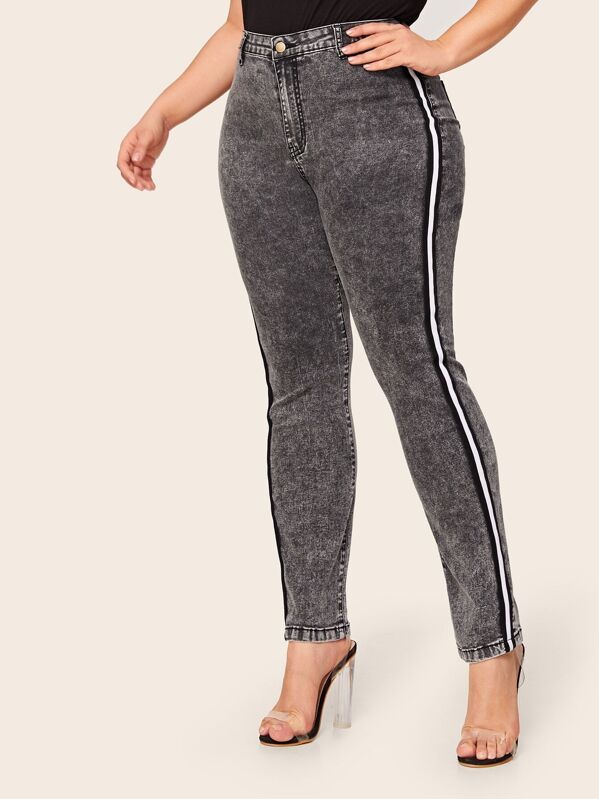 

Plus Contrast Tape Skinny Jeans, Grey, Carol