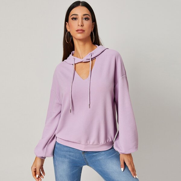 

Drop Shoulder Peekaboo Front Drawstring Hoodie, Purple pastel