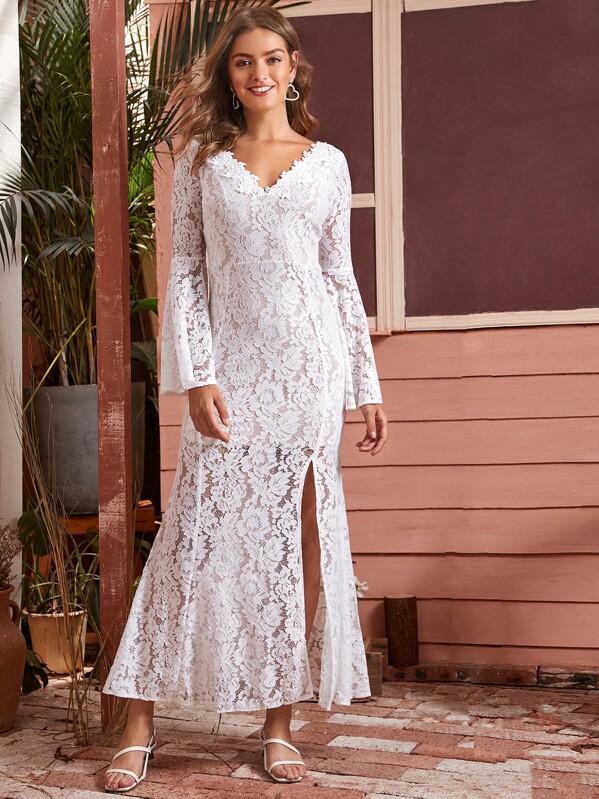 

Lace Split Fishtail Hem V Back Dress, White, Luiza