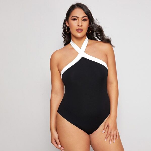 

Plus Contrast Binding Halter Bodysuit, Black