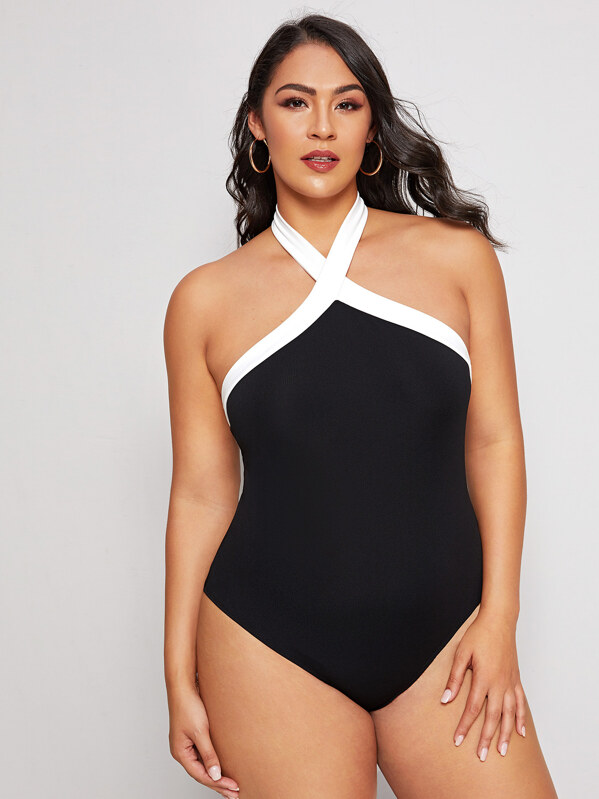

Plus Contrast Binding Halter Bodysuit, Black, Ruiz Brianna