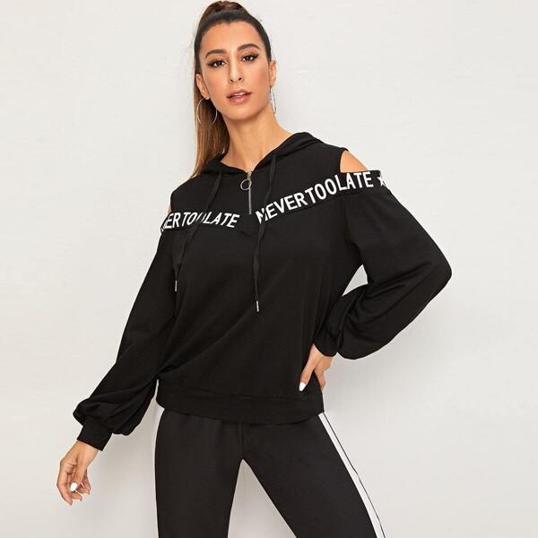 

Zip Half Placket Cold Shoulder Letter Tape Sweatshirt, Black