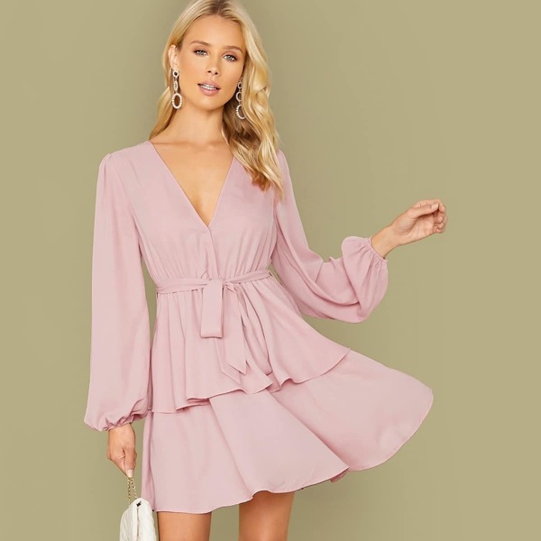 

Lantern Sleeve Layered Ruffle Hem Belted Dress, Pink pastel
