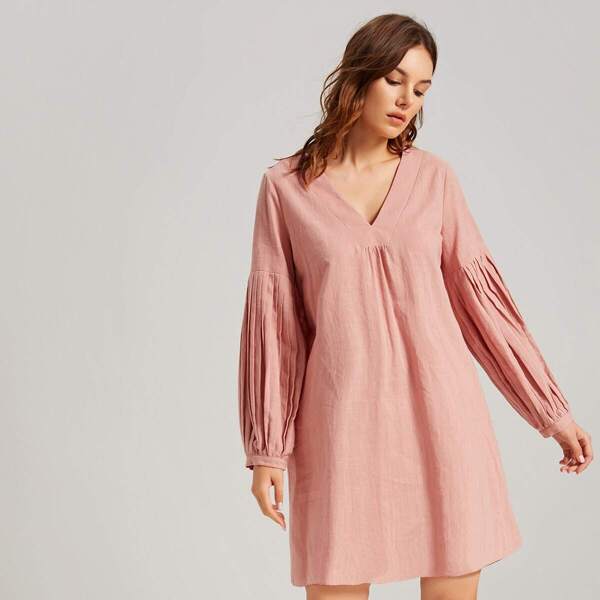 

V-neck Pleated Lantern Sleeve Dress, Pink pastel