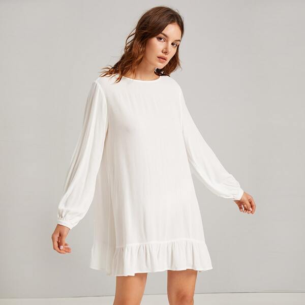

Solid Ruffle Hem Dress, White
