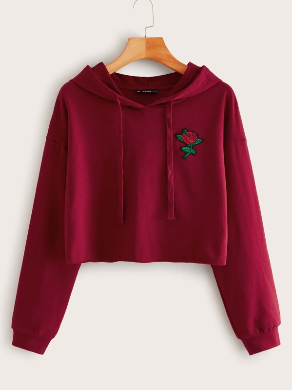 

Drawstring Detail Flower Patched Hoodie, Burgundy