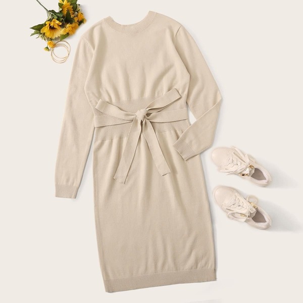 

Plus Wide Waist Split Side Self Belted Sweater Dress, Beige