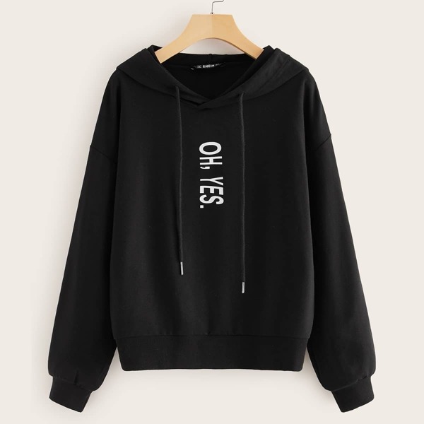 

Slogan Print Hoodie, Black