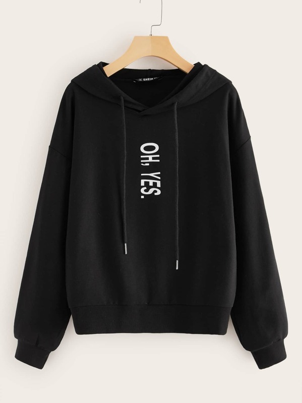 

Slogan Print Hoodie, Black