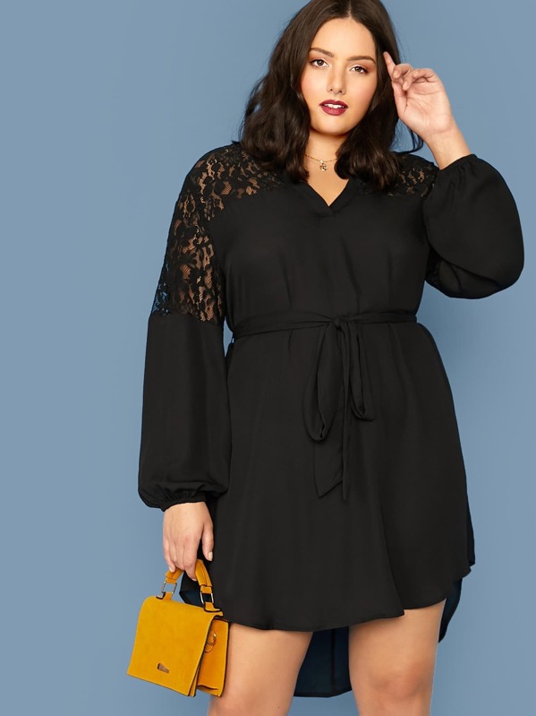 

Plus Lace Insert Curved Hem Belted Dress, Black, Marcelle Pallais